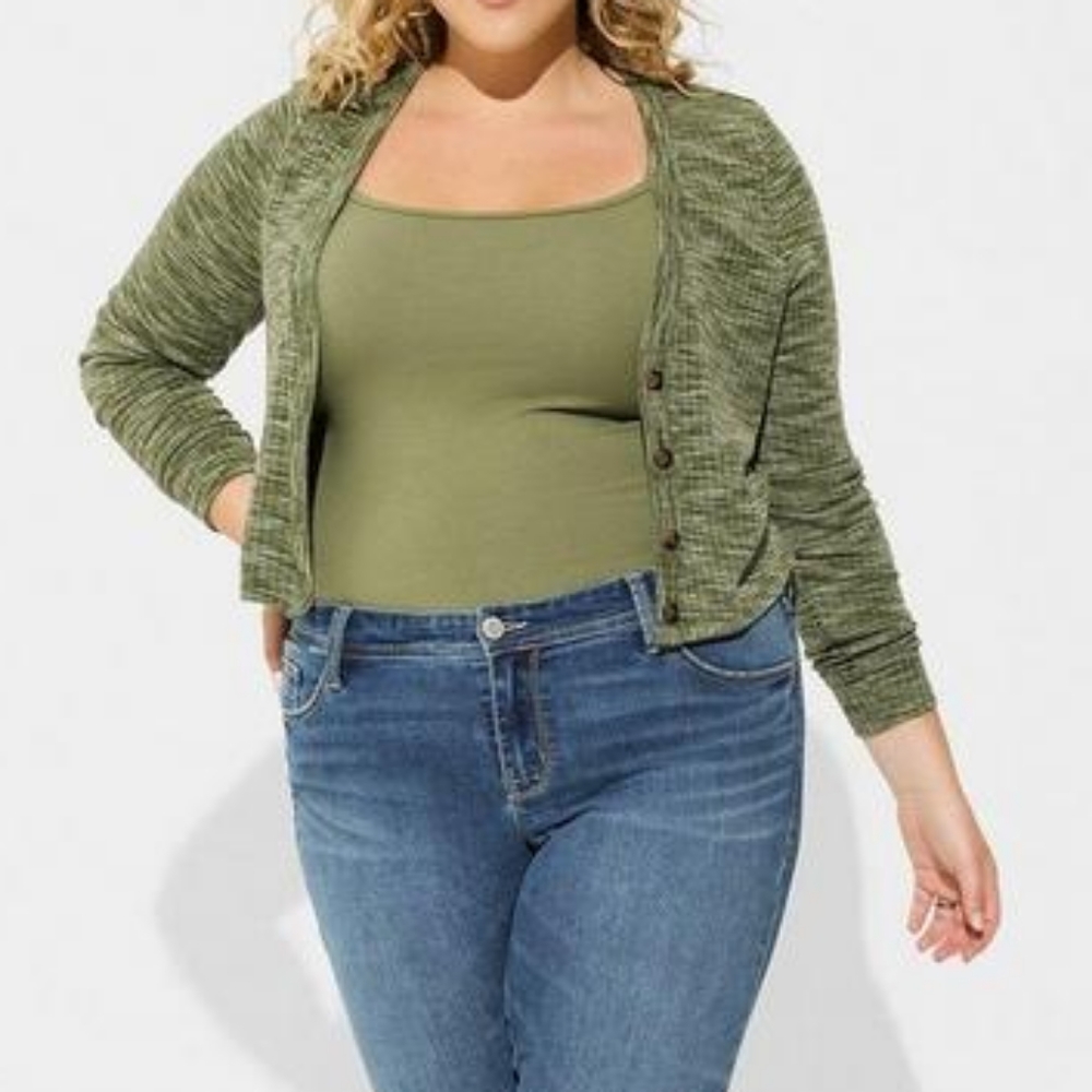 Torrid plus v neck button down ribbed crop knit sweater, 2XL, green - Picture 2 of 11
